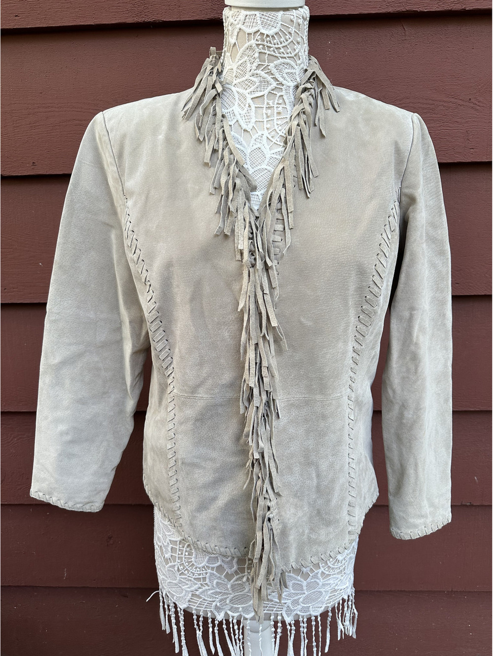 Chico's Taupe 100% Leather Fringe Jacket Bohemian Western